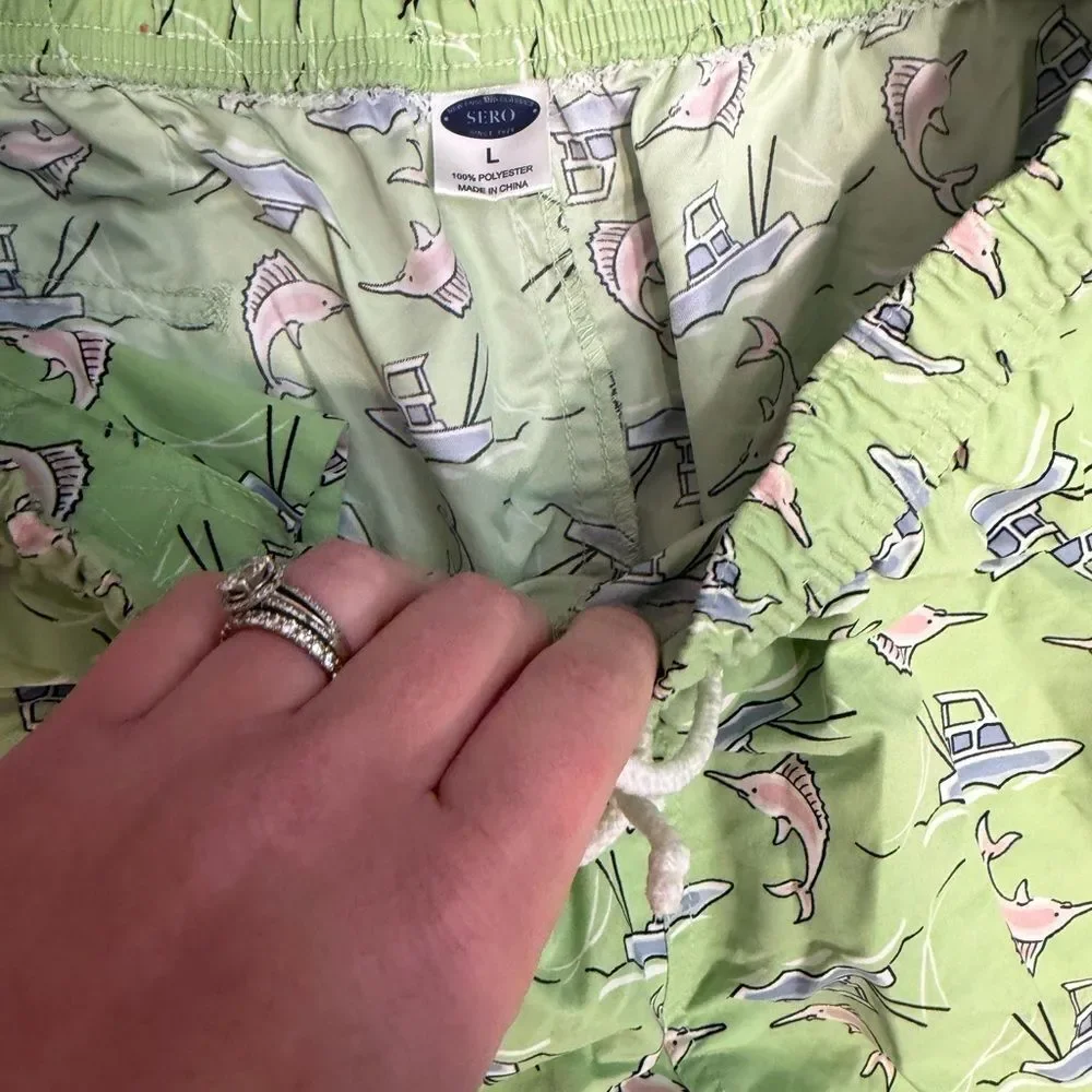 Boat and Shark Pattern Swim Trunks